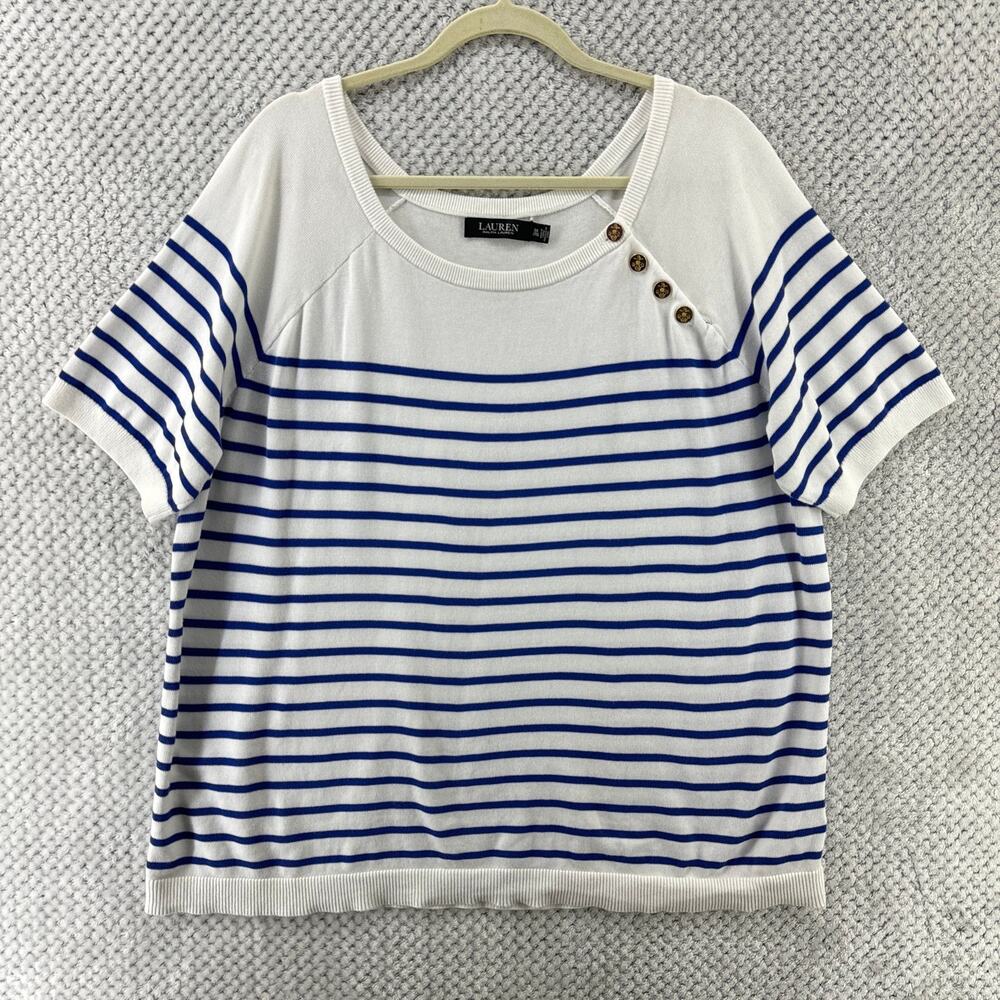 Lauren Ralph Lauren Women 3X White Blue Striped Nautical Knit Boat Neck